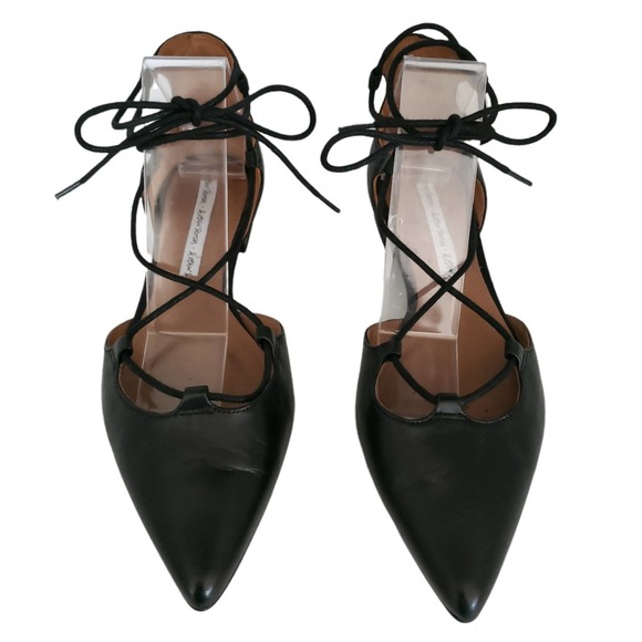 & OTHER STORIES leather lace up pointed pointy toe black ballet flats shoes 37 7 - Picture 2 of 9